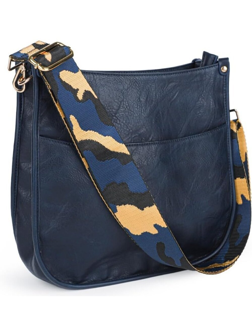 Women's Blue Leather Small Crossbody Bag Wide Guitar Strap Shoulder Purse